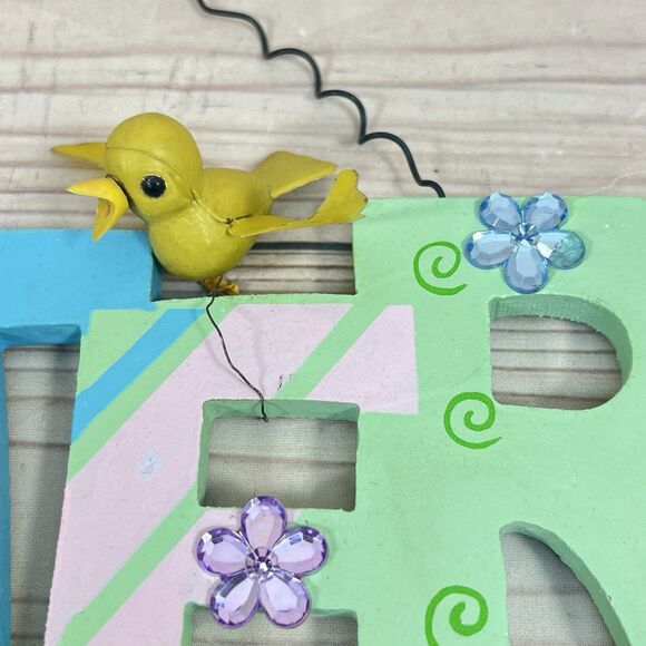 Vintage EASTER Wooden Hanging Sign Decoration Hand Painted Bunny Bird Spring 14” - Picture 5 of 12